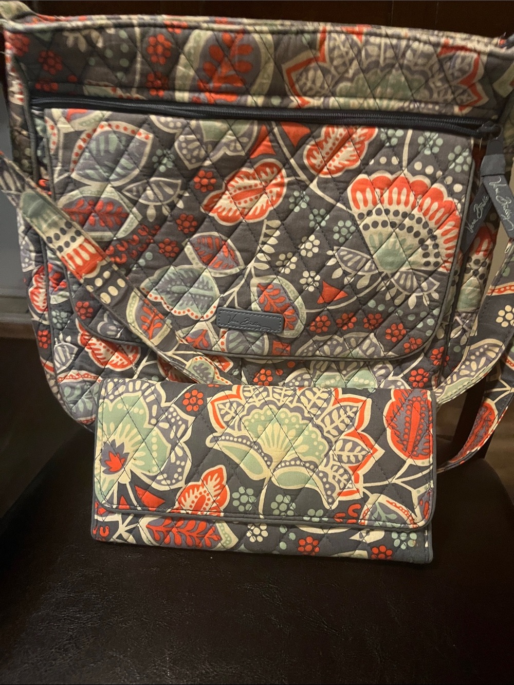 Vera Bradley Quilted Floral Crossbody Bag in Gray, Coral and Mint